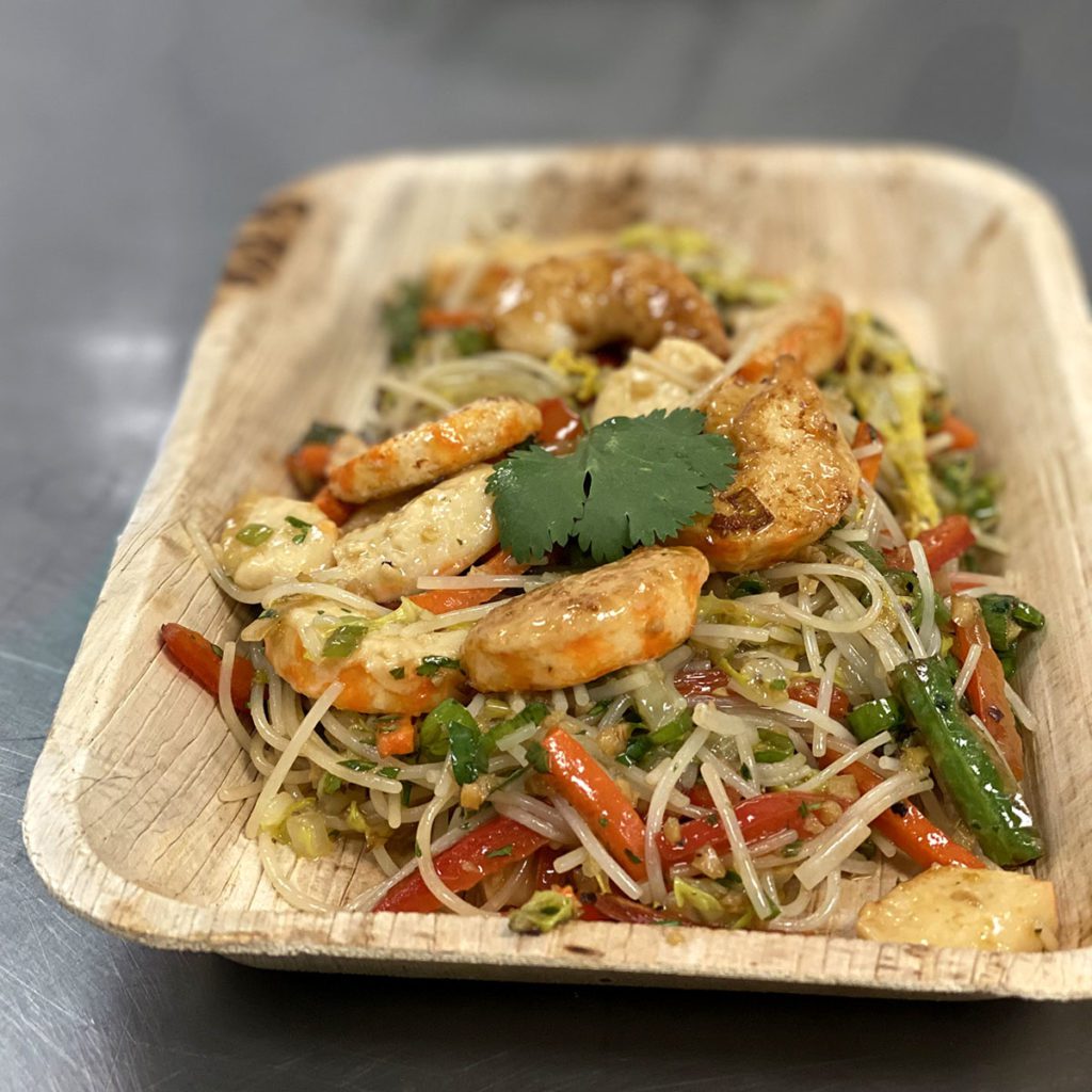 Seasoned plant-based shrimp noodle dish